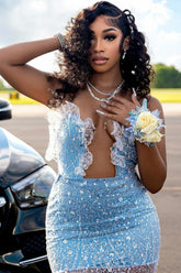 Hot Sweetheart Sky Blue Mermaid Lace Sparkle Silver Beaded Prom Dress